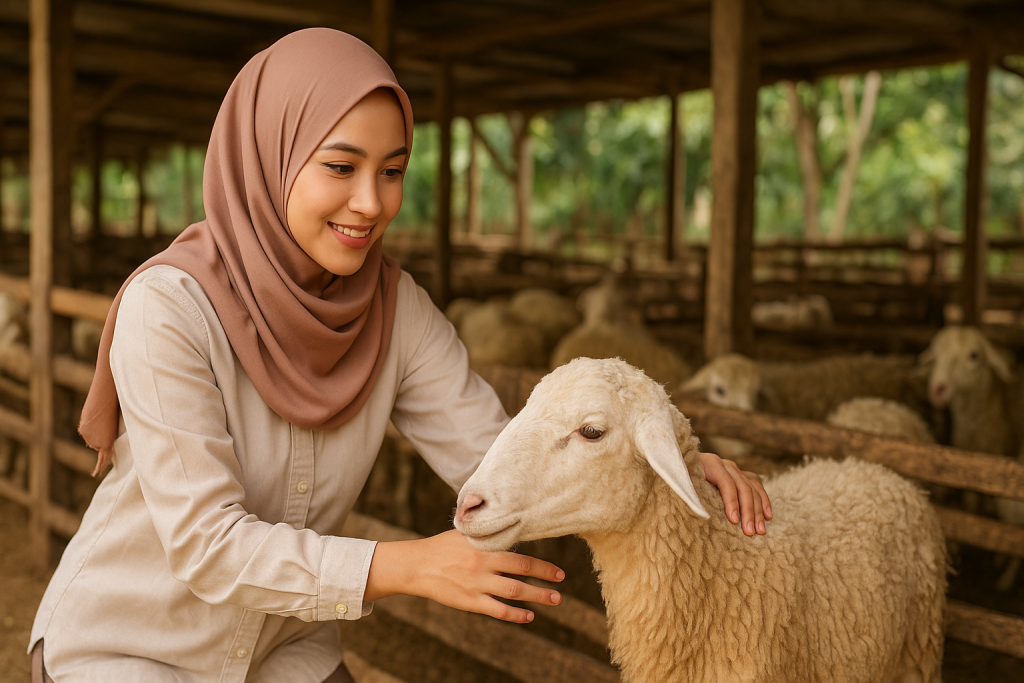 Perempuan berhijab di peternakan sedang mengecek ciri domba berkualitas untuk kebutuhan aqiqah, memperhatikan kesehatan fisik dan kondisi bulu