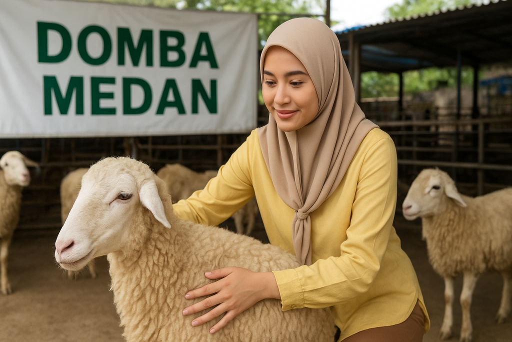 Wanita berhijab memilih domba aqiqah sehat di Domba Medan, penyedia hewan aqiqah murah dan terpercaya di Medan.