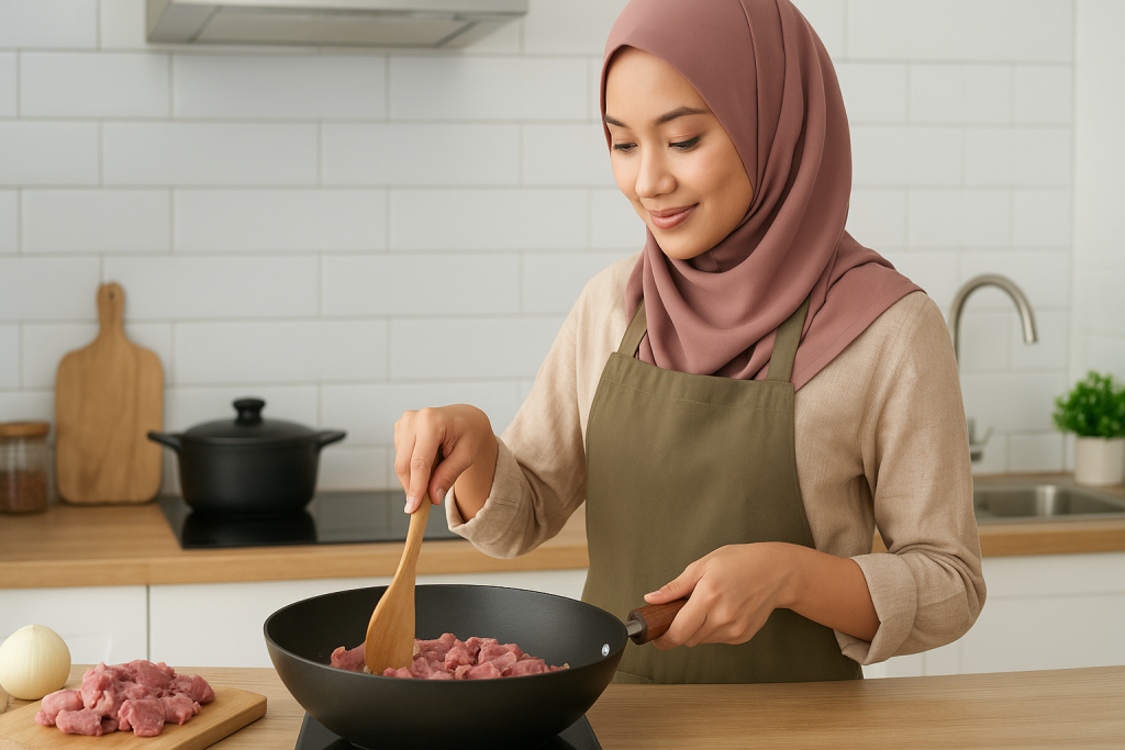 Perempuan berhijab memasak daging segar untuk gulai daging aqiqah sederhana di dapur modern dengan wajan hitam dan spatula kayu